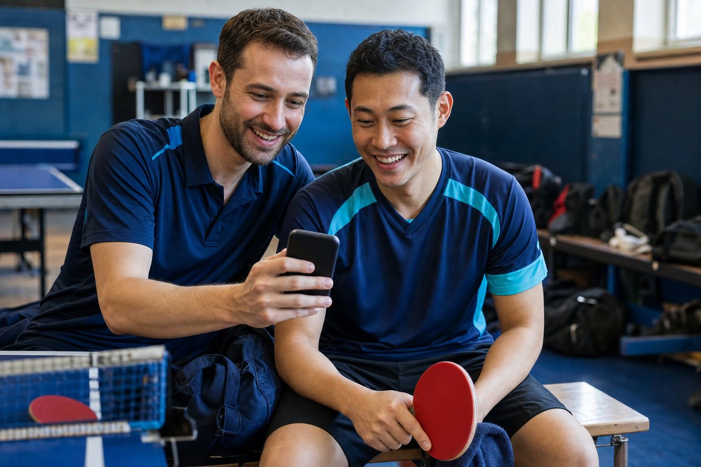 Deux joueurs consultent ensemble la convocation du week-end sur un téléphone