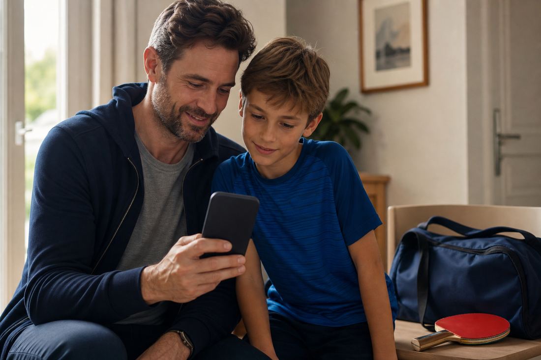 Une mère et sa fille consultent les horaires de match sur un téléphone